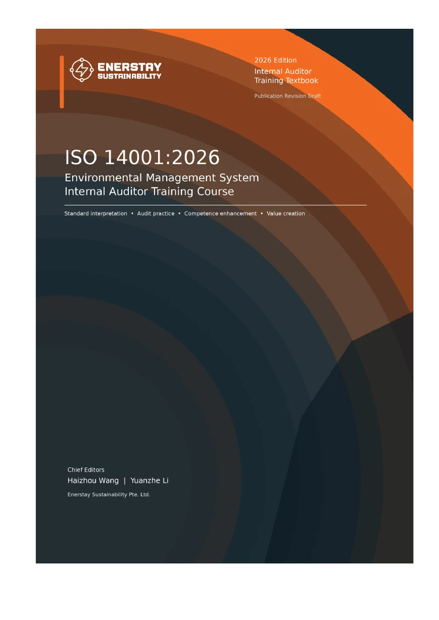 Cover of the Enerstay ISO 14001 2026 internal auditor training textbook