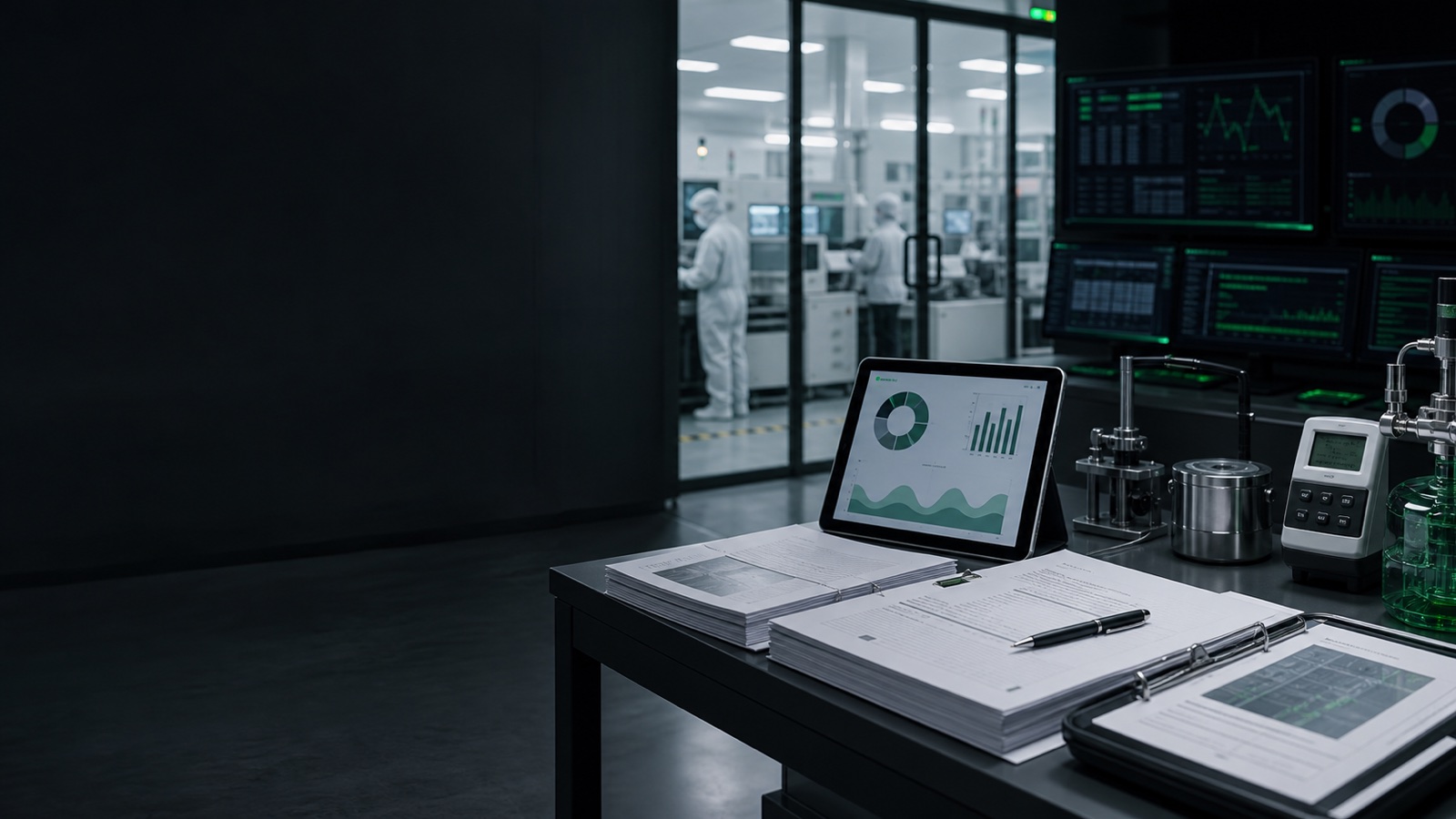 Industrial evidence review workspace beside a semiconductor cleanroom